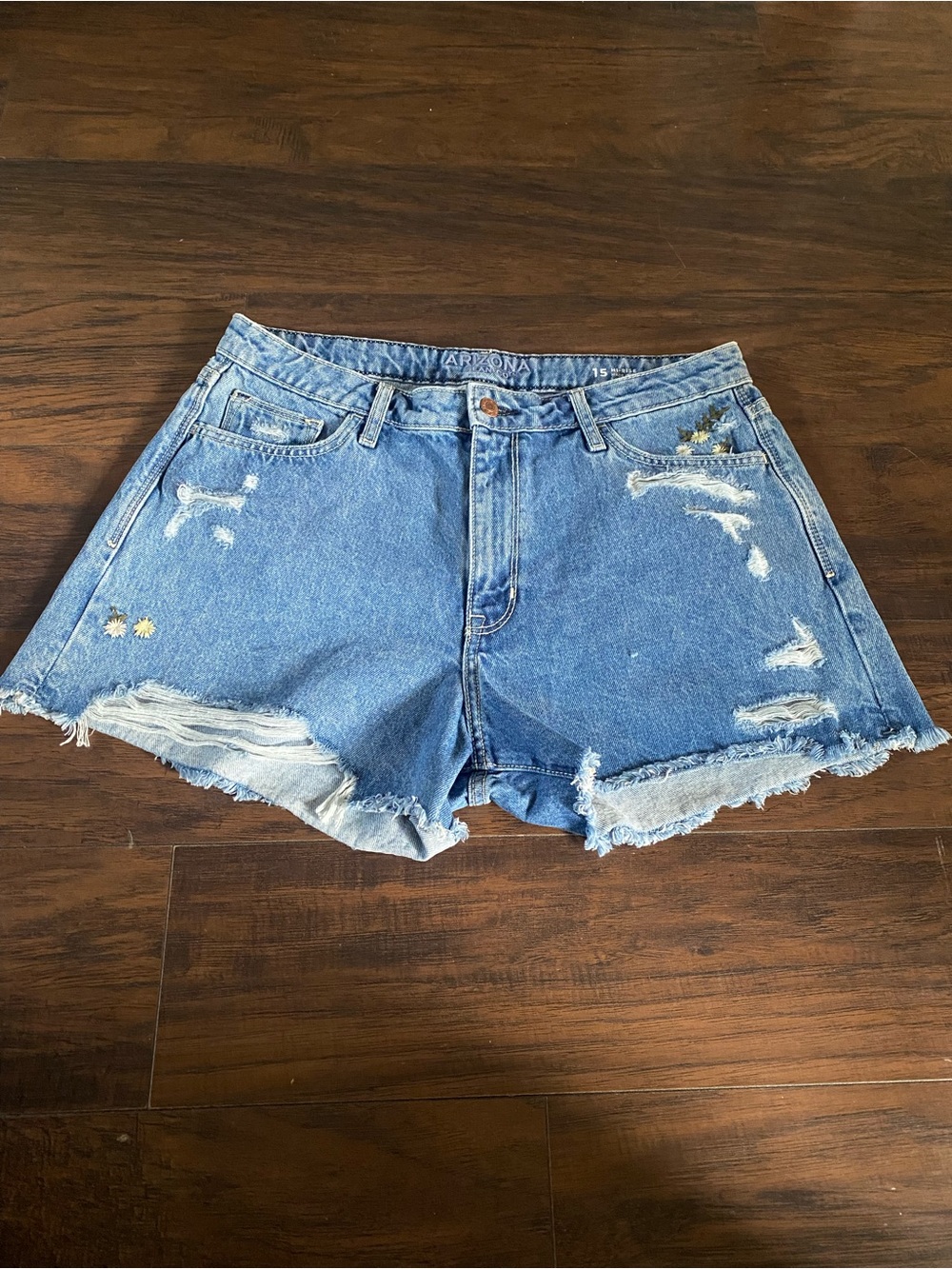 Arizona Jean Company Distressed Light Blue Denim Shorts with Frayed Hem